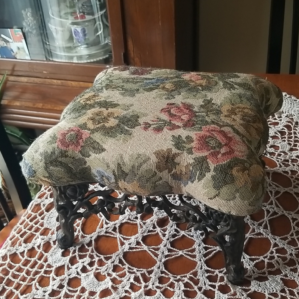 Victorian Floral Tapestry Footstool with Ornate Metal Base
